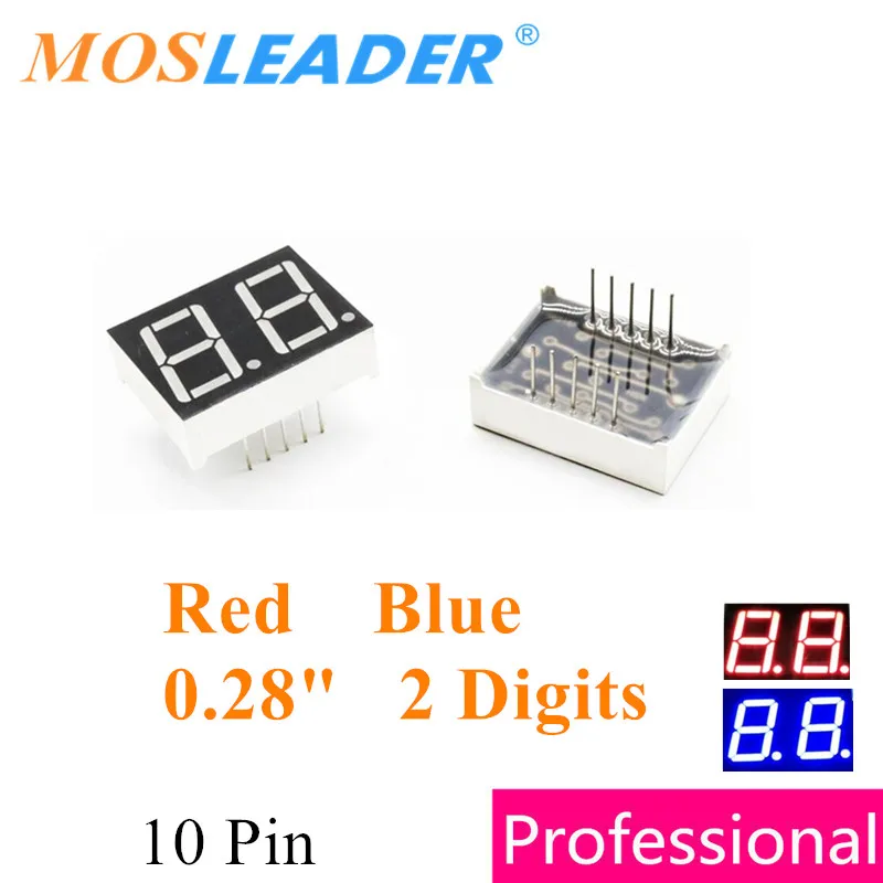 Mosleader 500pcs 2 Digits 0.28" LED Display Red Blue 0.28 inch 10P Common cathode Common anode 0.28 in. Digit Digital tube
