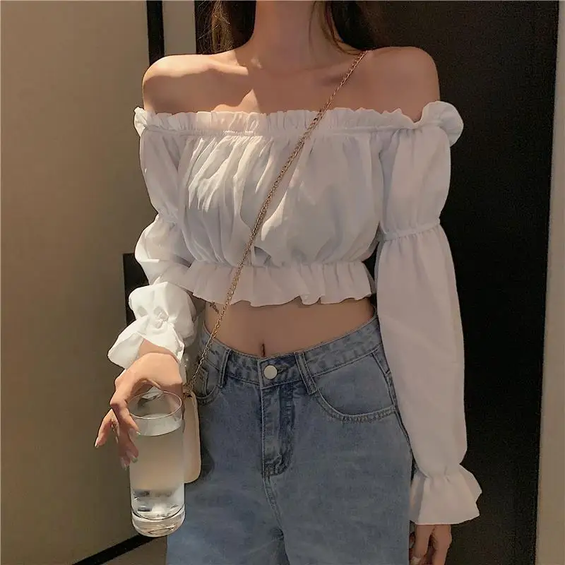 Women Sexy Off Shoulder Blouse Long Sleeve Solid Puff Sleeve Club Party Cropped Shirts Female Ruffle Tunic Casual Tube Top