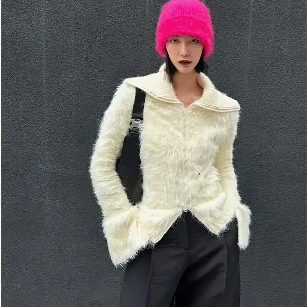 Autumn Winter Knitted Jacket Pure Desire Hot Girl Zipper Long Hair Women Waterproof Mink Velvet High Collar Lapel Cardigan Top