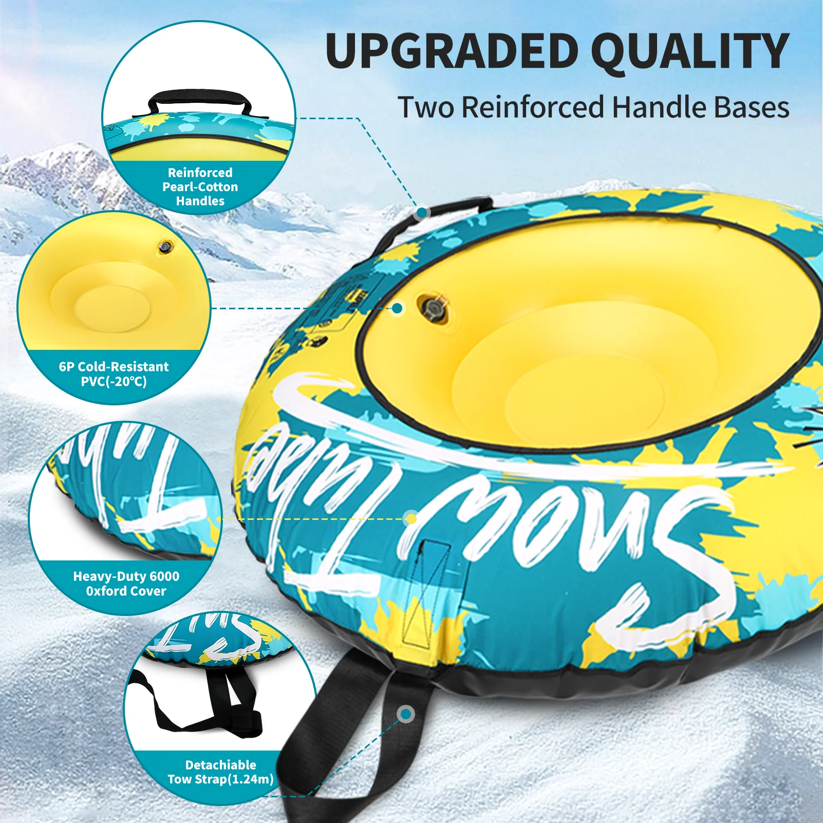 Heavy Duty Snow Tube with Towing Rope, Anti-Skid Inflatable Snow Sled Ring, Adult & Kids Compatible, Safe Winter Snow Fun