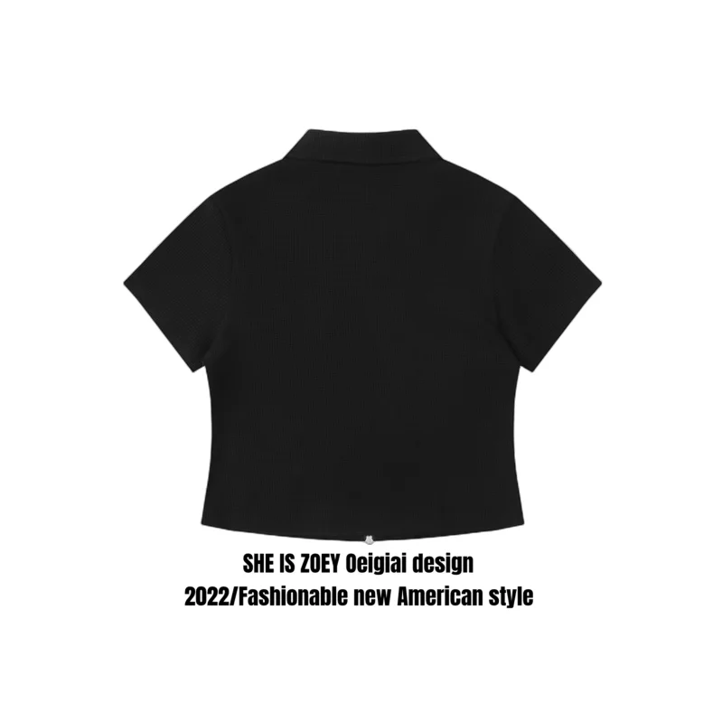 American Retro Butterfly Patch Polo Collar Short Sleeve Shirt Women's Short Hot Girl Zipper Design Niche Top Summer y2k ins emo