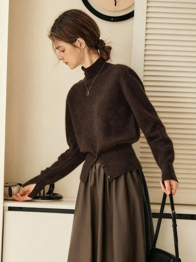 

Chic High Ne Knitted Sweater in Coffee Color with Waist Cinching And Side Slits for Autumn Winter Straight from China