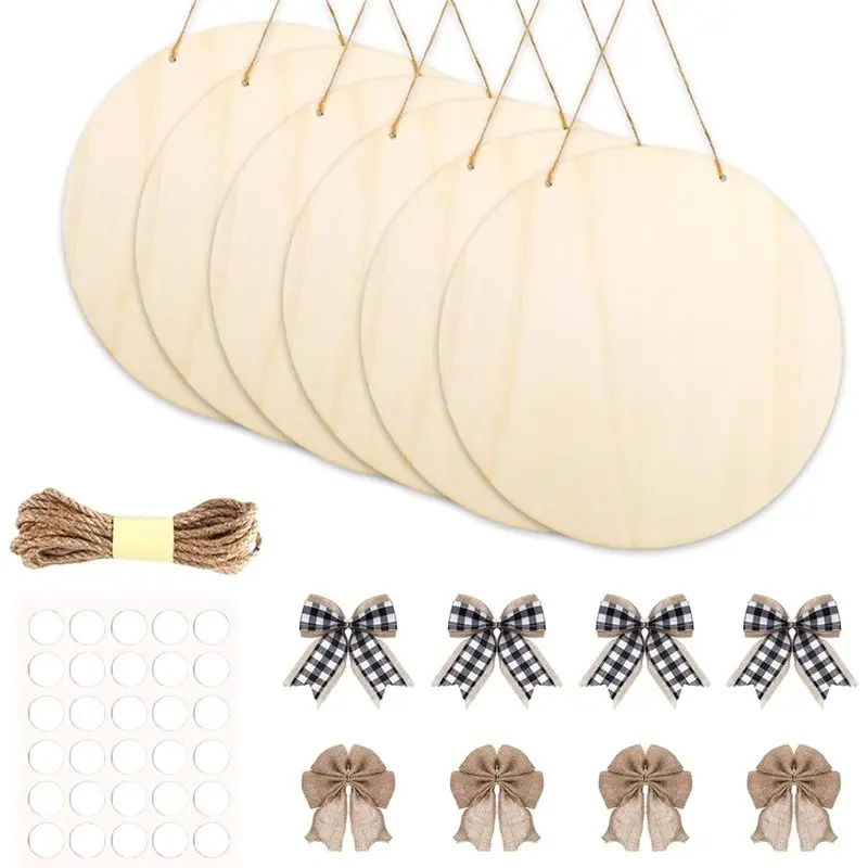 

AT43-For Crafts 10Pcs Christmas Wood Circles With Bows Twine Glue Points, Ornament For Craft Painting Holiday Decoration B