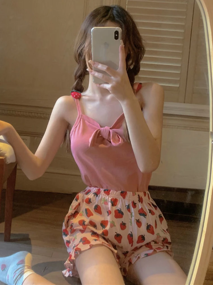 Sleeveless Pajama Sets Women Strawberry Lovely Home Comfortable Breathable Simple Creativity All-match Leisure Korean Style New