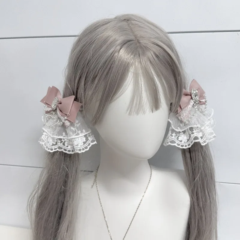 

Japanese Mass-Produced Lace Ruffle Edge Beaded Rhinestone Bow Double Ponytail Hair Clip Exquisite Lolita Sweet Hair Accessory