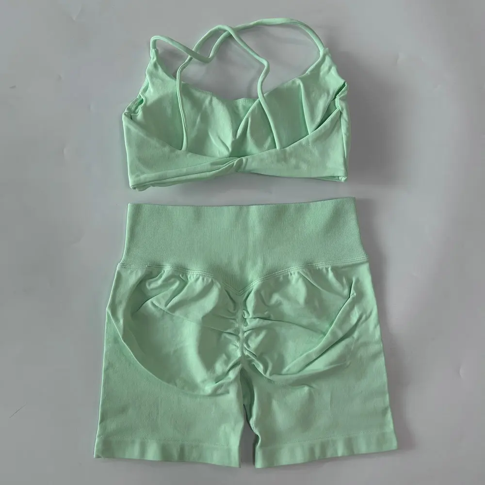 2-teiliges Set Damen-Outfit, nahtloser Yoga-BH mit Riemchen und Twist-Rücken, Scrunch-Shorts, Sportanzug, Fitness- und Gym-Kleidung, Yoga-Set – Detail 18