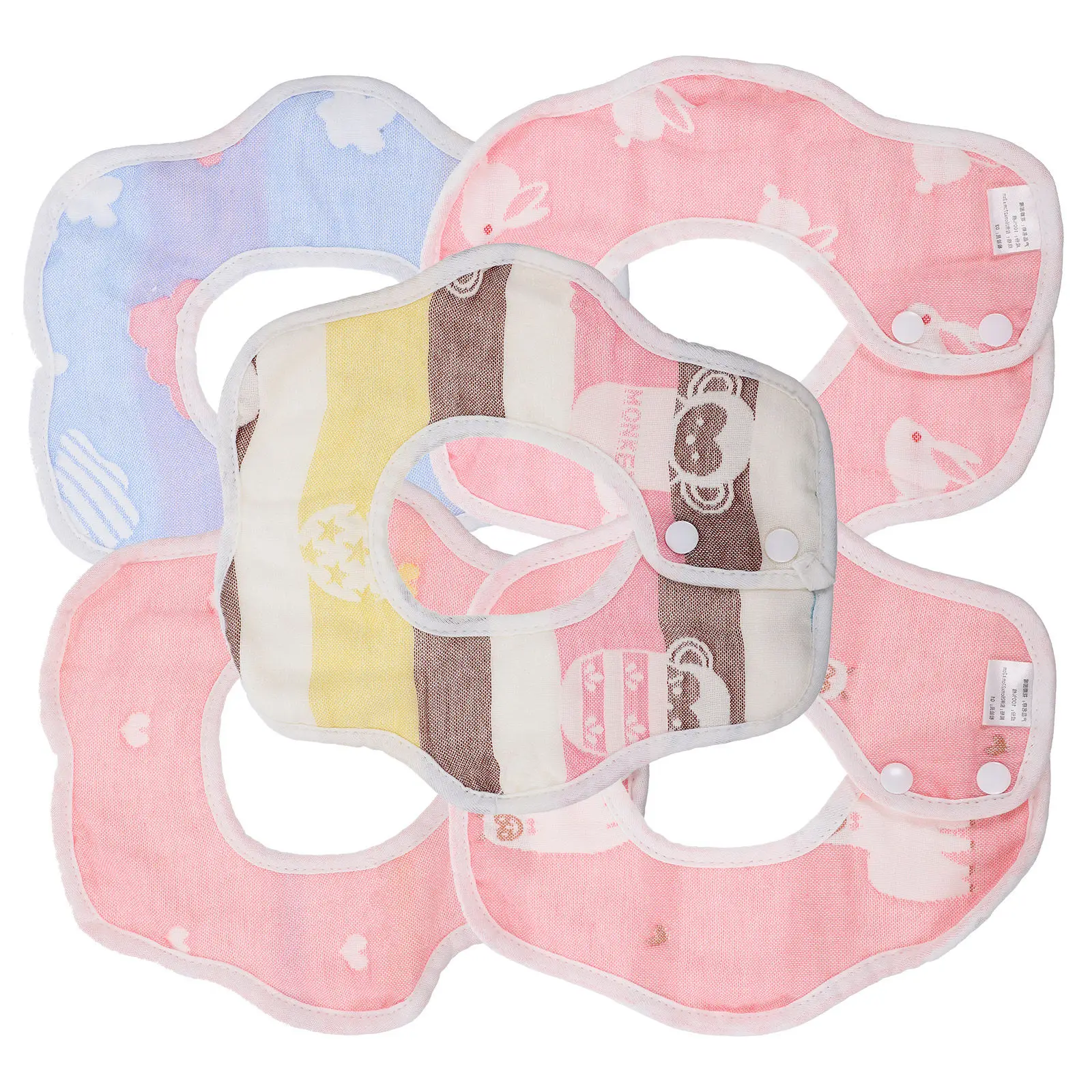 5pcs Cotton Baby Bibs for Newborns – Soft Breathable Saliva Towels, Reusable Cartoon Petal-Shaped Feeding Bibs