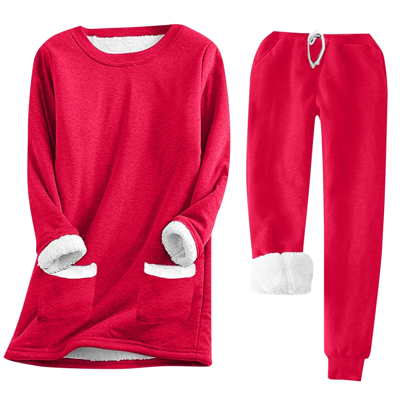 Damen Warm Plus Fleece Thermo-Unterwäscheanzug Einfarbig Homewear 2-teiliges Set Langarm O-Ausschnitt T-Shirts + Hosen Set Hosen