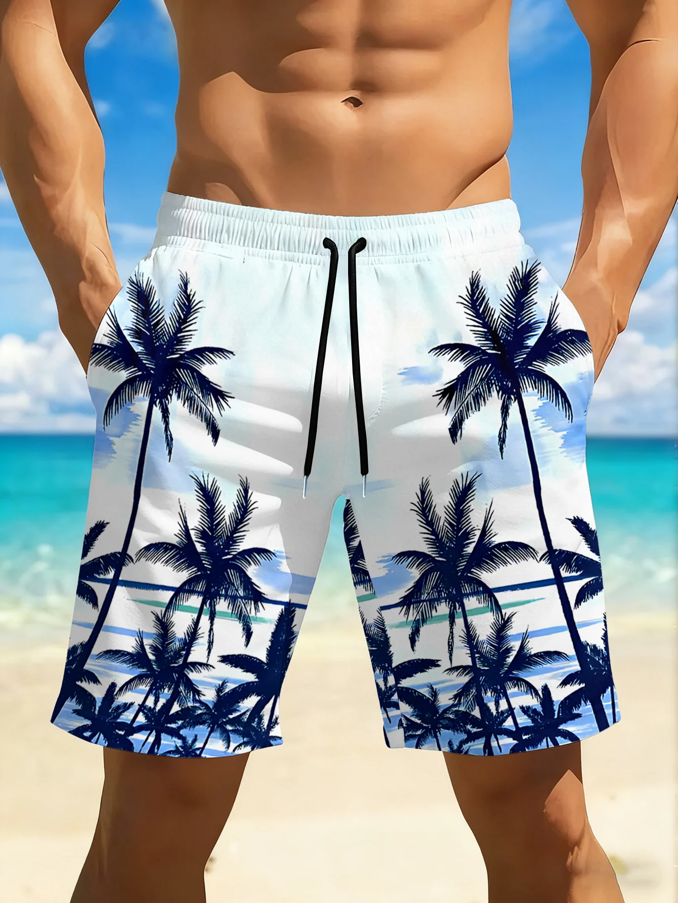 Men's Summer Quick Dry Beach Shorts, White Blue Tropical Palm Tree Ocean Print Drawstring Casual Board Shorts with Pockets