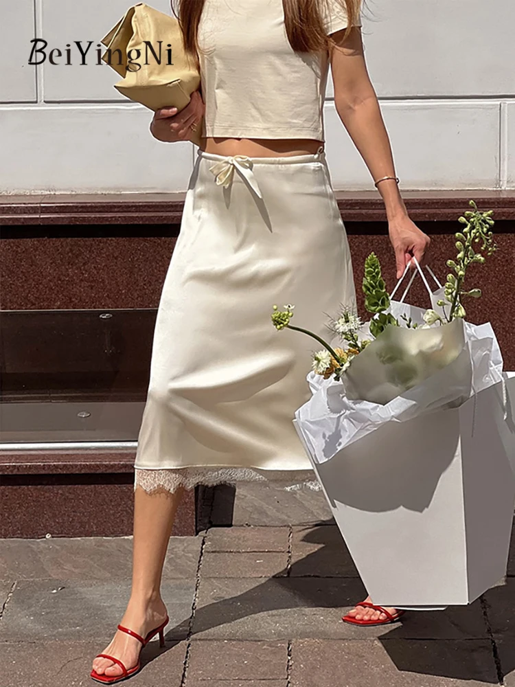 

Beiyingni, новая трендовая женская атласная юбка-миди, кружевная элегантная темпераментная юбка для поездок на работу, женская однотонная повседневная шикарная юбка 2025