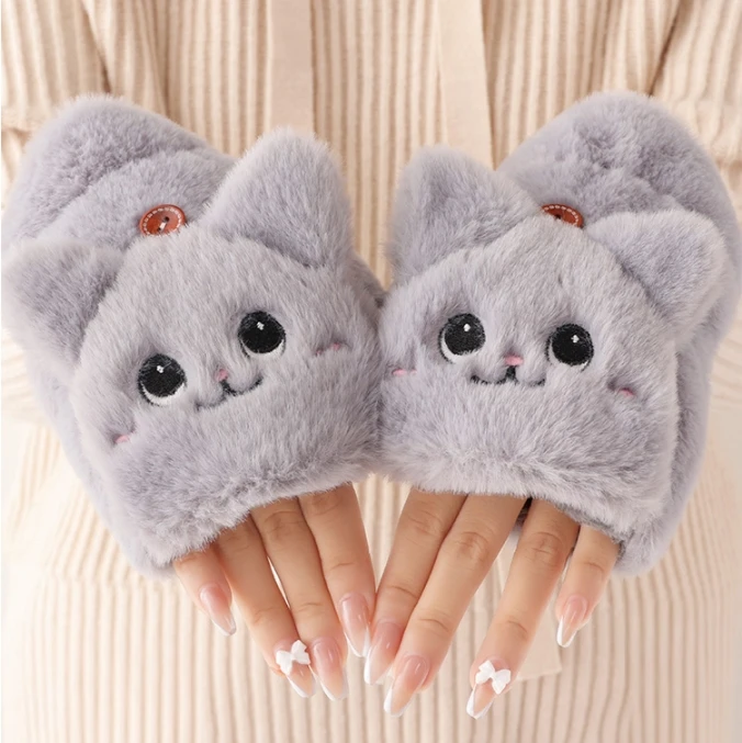 Lovely Plush Cat Mittens Fingerless Gloves for Women Winter Warm Rabbit Fur Mittens Flip Half Finger Gloves for Cycling Gloves