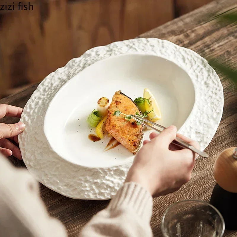 Ovaal diep bord met steenpatroon Keramisch servies Saladebord Soepbord Dessert Snackborden Pastaborden Speciaal servies