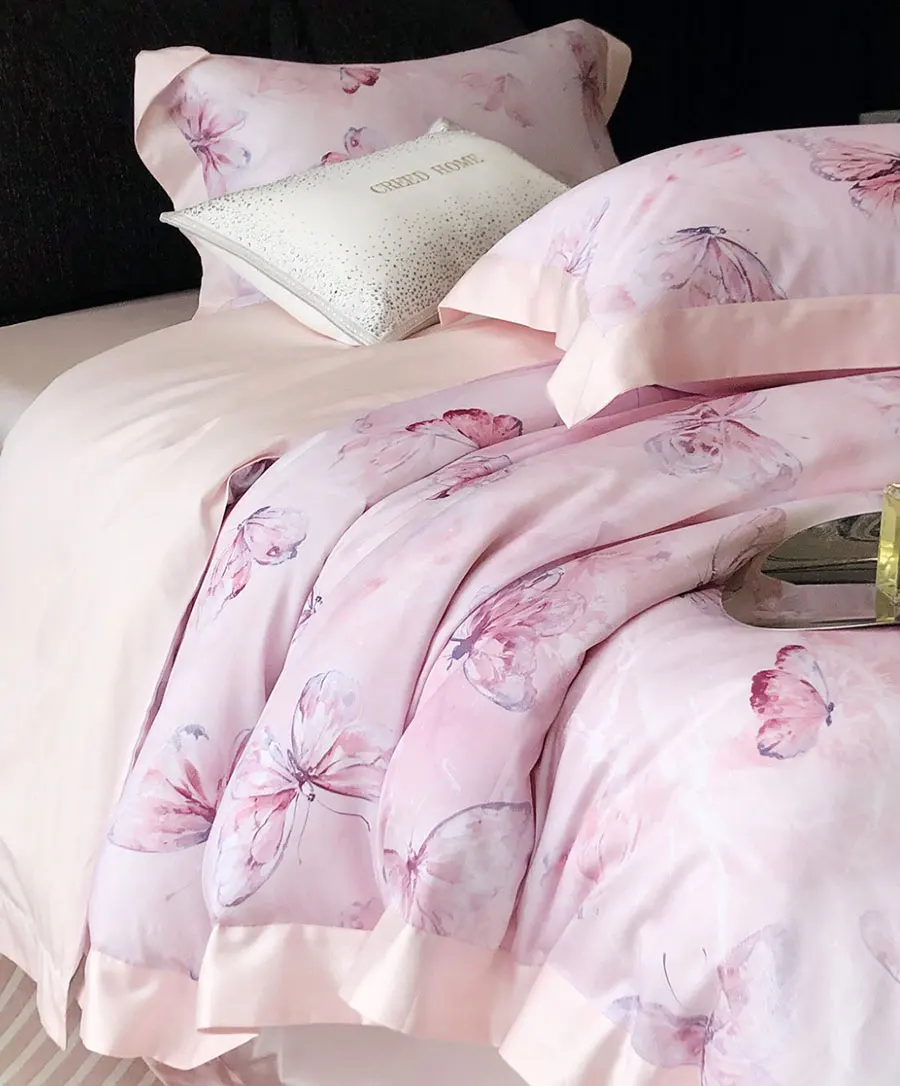 Romantic sweet butterfly flower beige blue pink bedding set girl,full queen king home textile bed sheet pillow case quilt cover