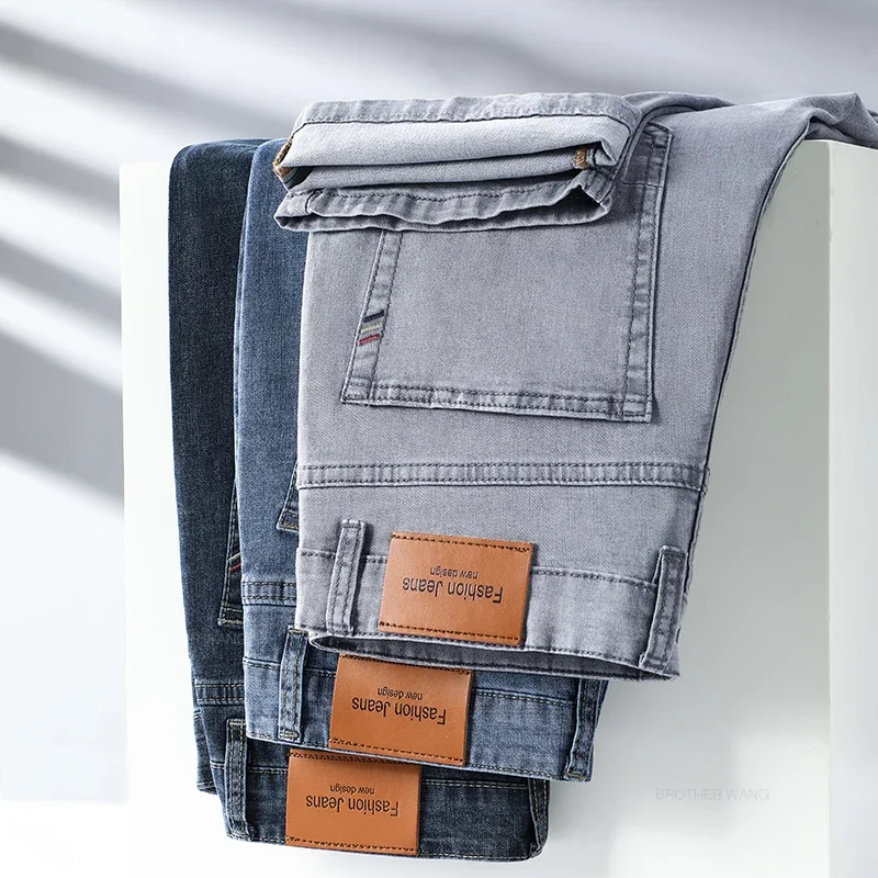 Zomer dunne heren elastische katoenen jeans mode grijze comfortabele zakelijke rechte casual broek merk mannelijke kleding broek