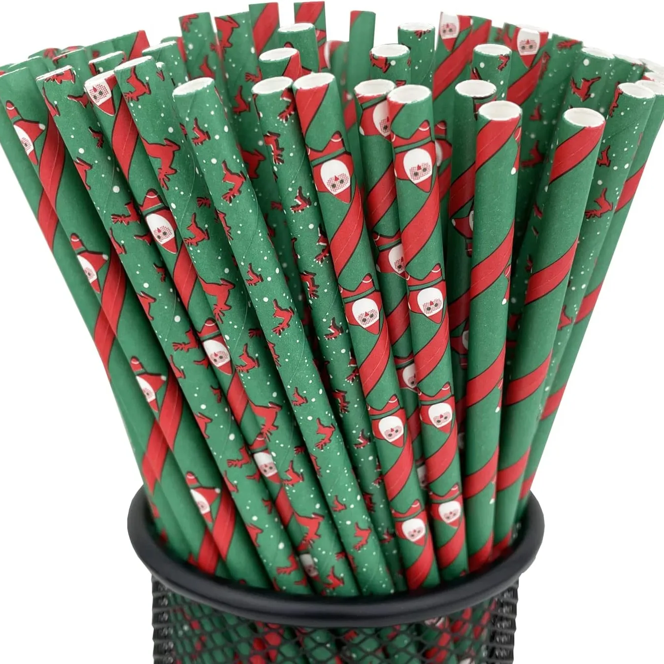 

100 Pcs Mixed Christmas Party Paper Straws Bulk,Cute Green Red White Santa Claus Reindeer Xmas Holiday Drinking Cake Pop Sticks