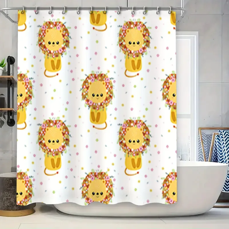 

Милая занавеска для душа с изображением животных: Желтый лев с цветочной короной, для декора ванной комнаты, белая водонепроницаемая ткань (180x240 см)