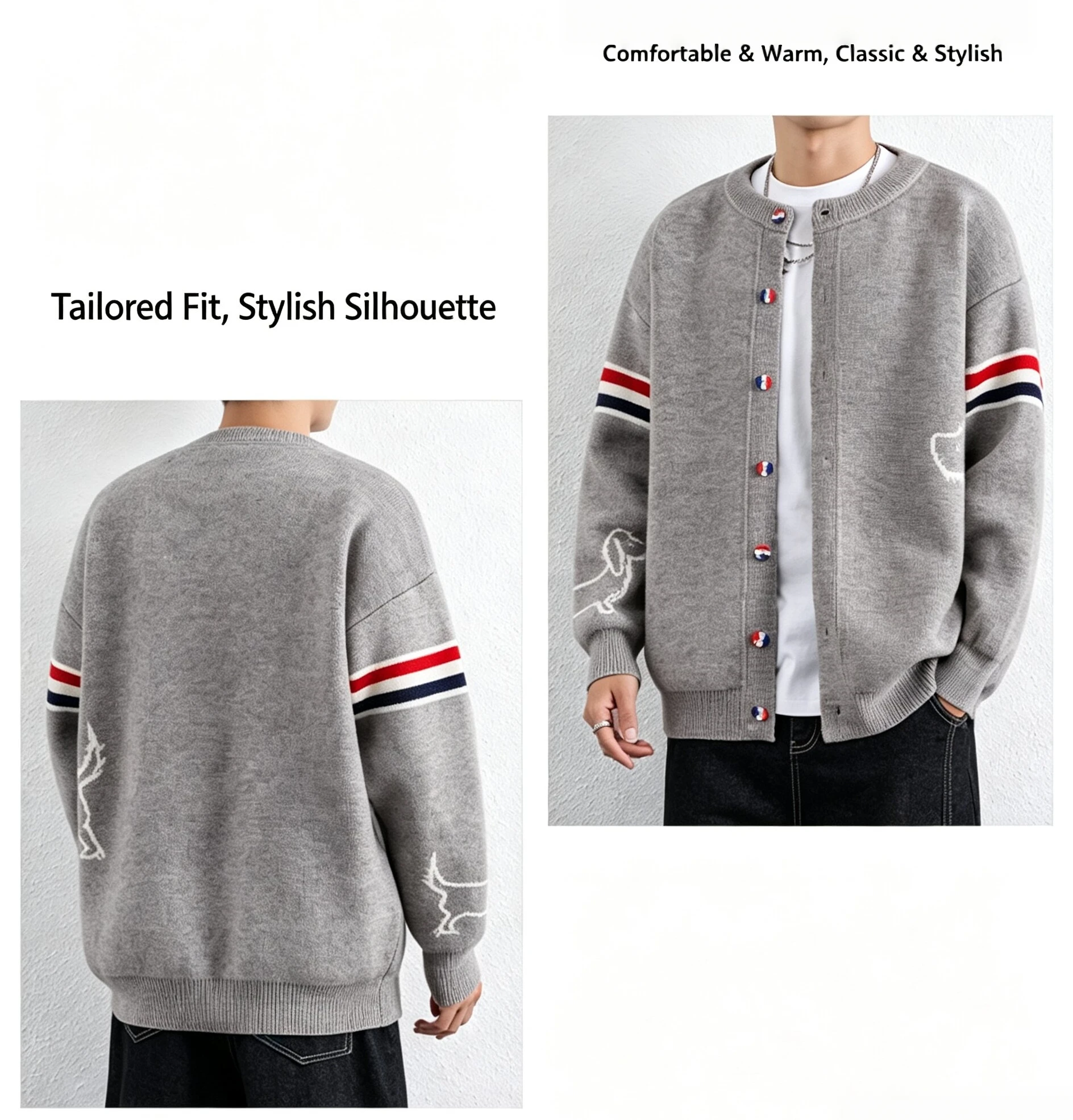 Hochwertiger gestreifter Pullovermantel für Herren lässiges Design Farbblockierung Knopfleiste Winter Rundhalsausschnitt dicker warmer Strickcardigan – Detail 3