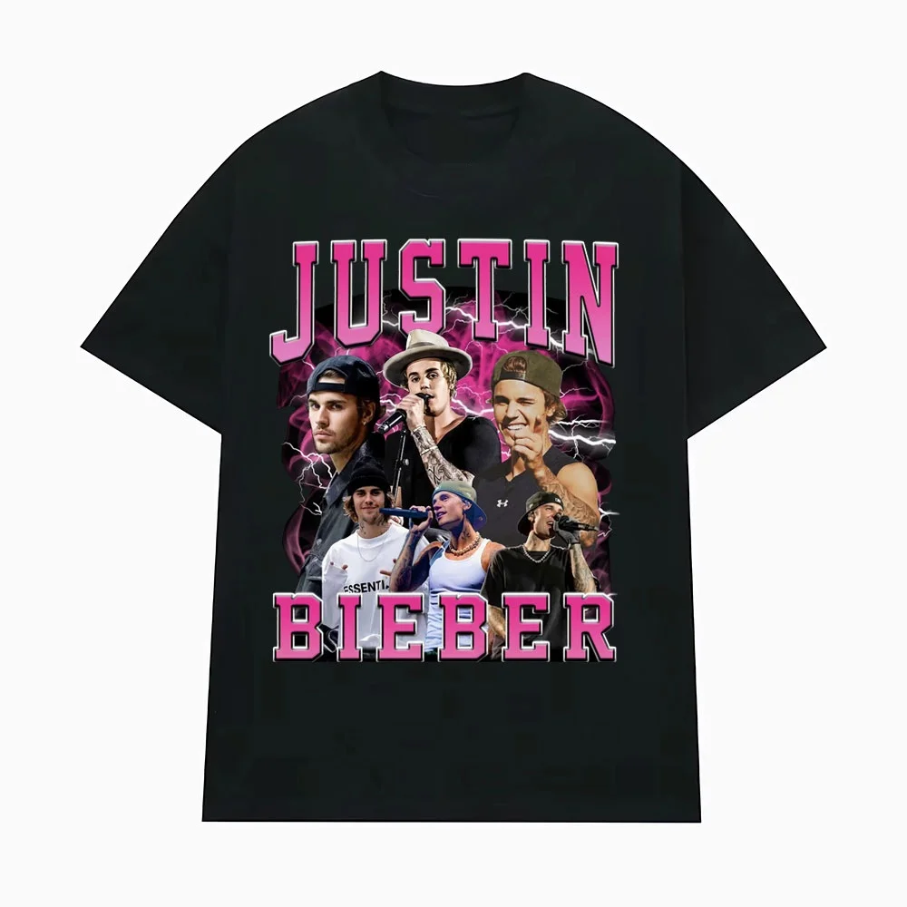 

Pop Prince Justin Bieber Flat T-Shirt 2025 Summer Men's and Women's Hip Hop Gothic T-Shirt Fashion Casual Loose T-Shirt