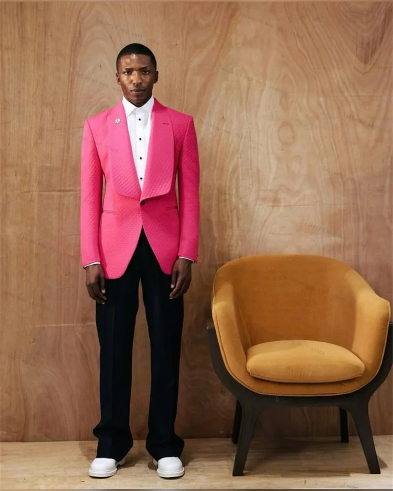 Luxury Pink Men Suits Pants Set 2 Pcs Blazer+Black Trousers Cotton Wedding Tuxedos Prom Jacket Formal One Button Coat