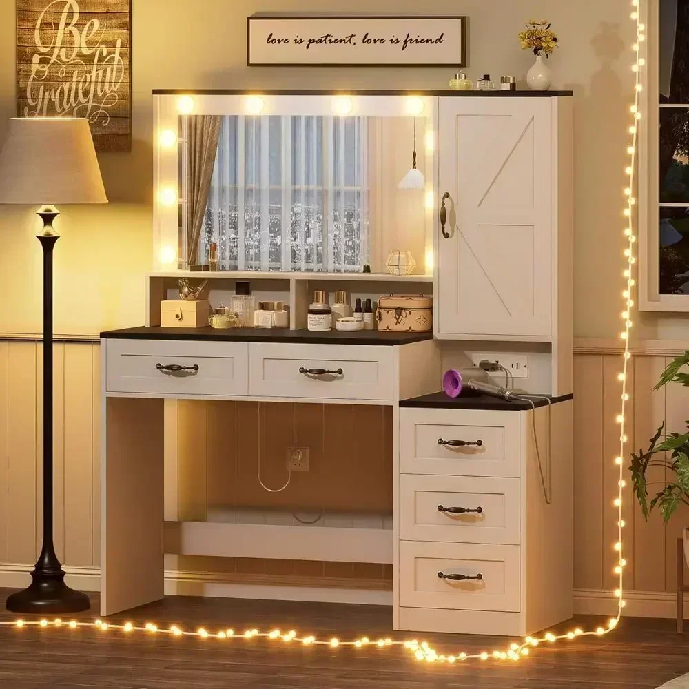 Large Makeup Vanity Desk with Mirror, 45.3, Power Outlet, 5 Drawers, 1 Cabinet & 9 Hooks, Suitable for Women and Girls, White &