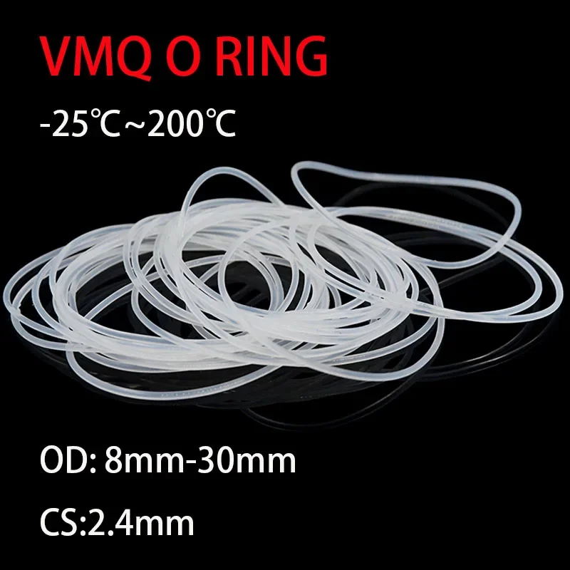 50pcs VMQ O Ring Seal Gasket CS 2.4mm OD 8 ~ 30mm Silicone Rubber Insulated Waterproof Washer Round Shape White Nontoxic