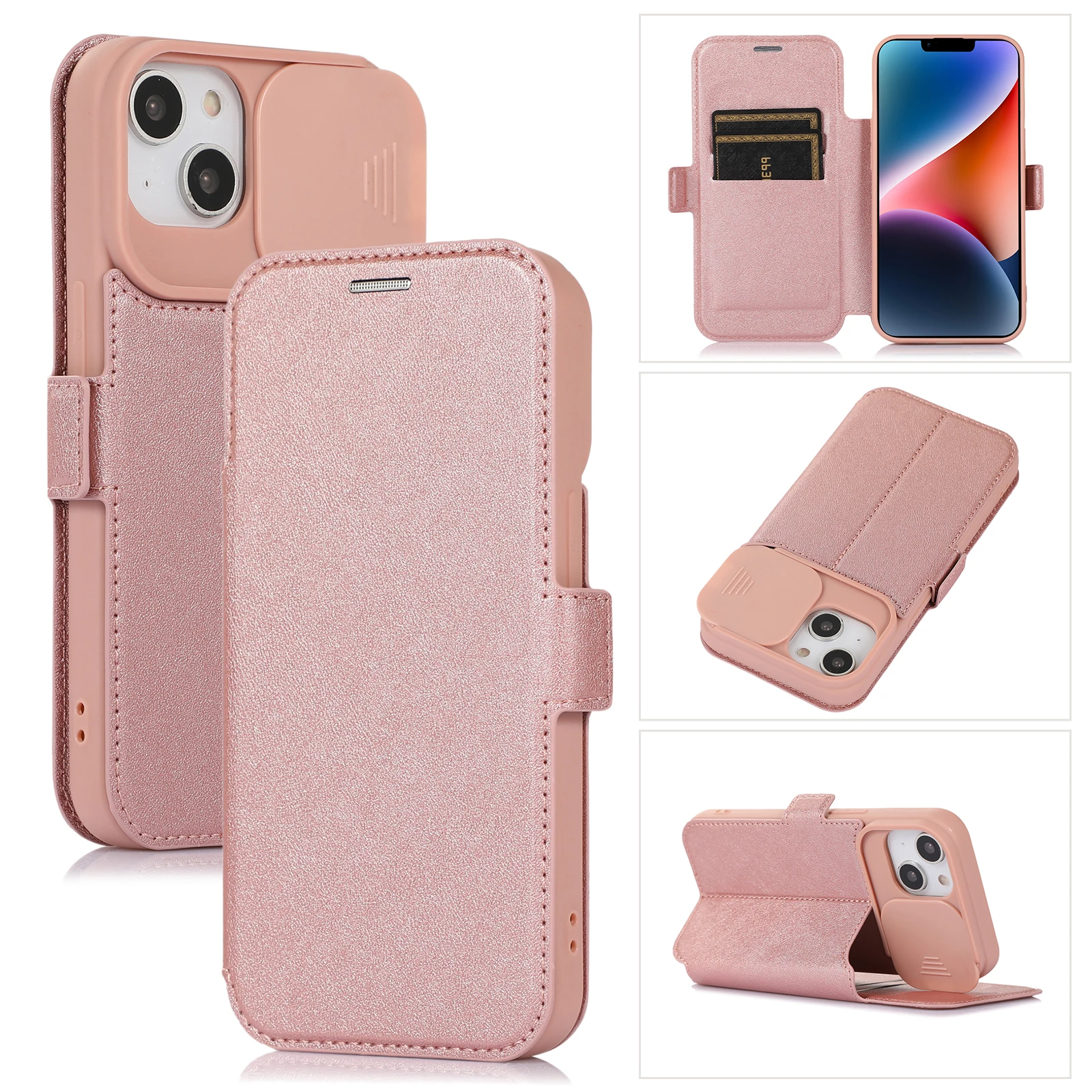 حافظة جلدية قابلة للطي مع حماية للكاميرا المنزلقة لهاتف آيفون 14 13 12 11 برو ماكس 7 8 14 Plus X XS Max XR فتحة للبطاقات غطاء خلفي #1