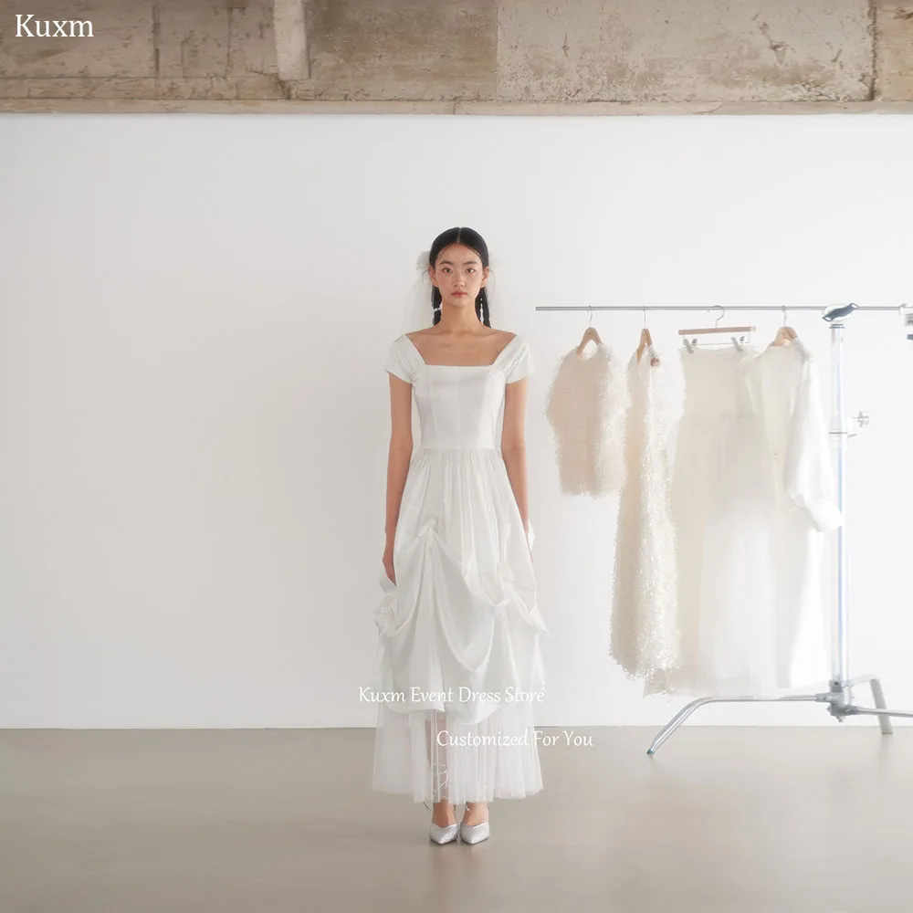 Kuxm White Strapless A Line Korea Wedding Gown Cap Sleeve Satin Bridal Gown Backless Photo Shoot Robe De Mariée Customized