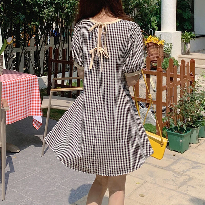 Women Vintage Plaid Print Lace Up Sweet Kawaii Y2K Mini Dress 2024 Summer Female Trendy Casual Short Sleeve Loose Beach Dresses