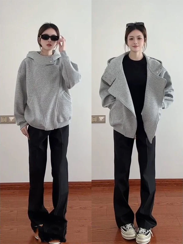 

Очень большой кардиган-худи в американском ретро-стиле, 300 пу, женский, осенний, свободный, повседневный, универсальный, верхняя одежда, на молнии, с вставками