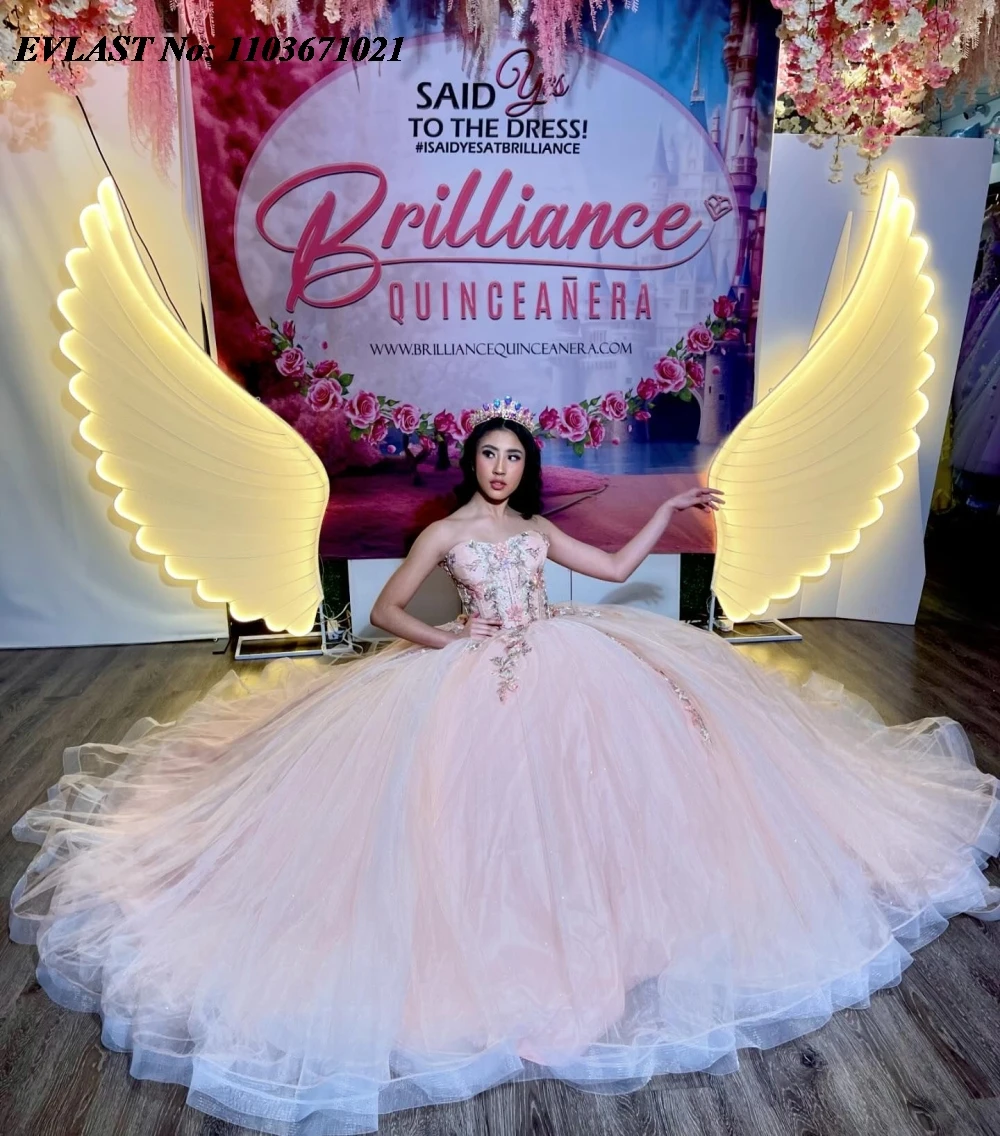 EVLAST Розовое платье Quinceanera по индивидуальному заказу, бальное платье с блестящей кружевной аппликацией и бисером, тюлевой корсет Sweet 16, Vestidos De 15 Anos SQ586