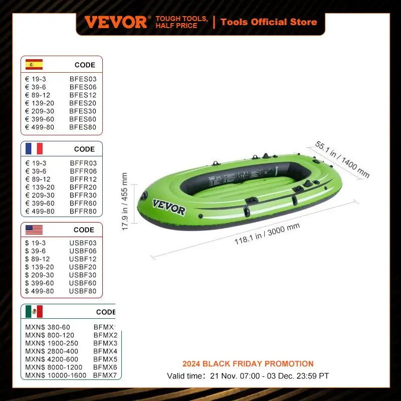 VEVOR Bateau Gonflable, Bateau de Pêche Pneumatique pour 4 Personnes, Kayak en PVC Solide, avec