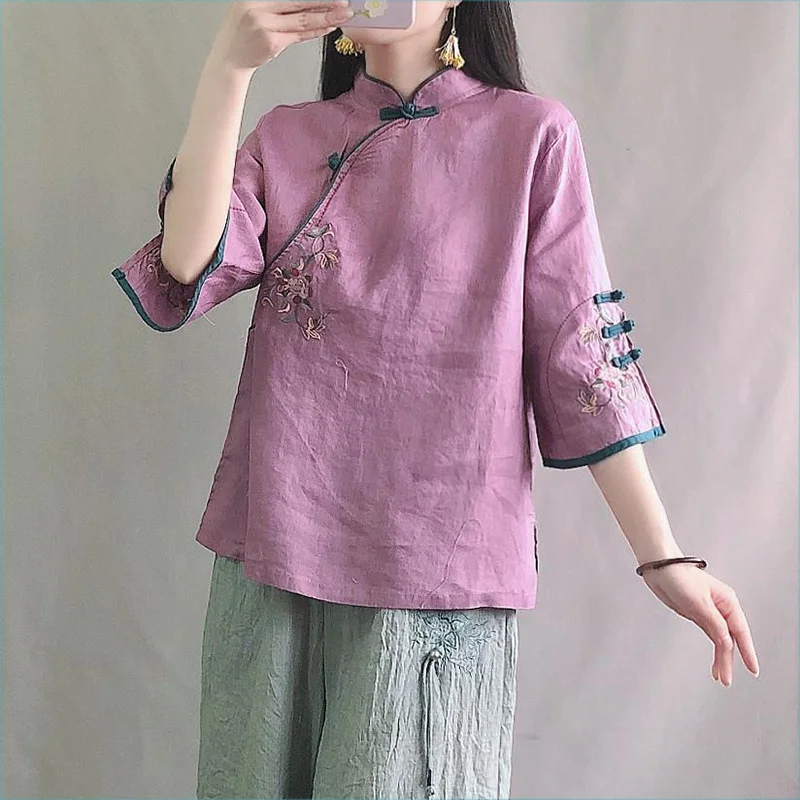 Improve Chinese Traditional Hanfu for Women White Pink Purple Yellow Green Embroidery Flower Cotton Linen Shirt Blouse Costumes