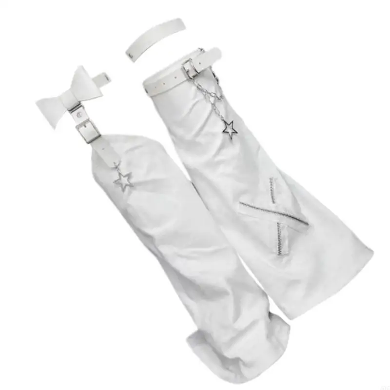L5YC Aesthetic Fashion Leather Buckle Garters Leg Warmer Streetwear Harajuku Boot Cover Vintage Crosses Stitched Leg Warmer