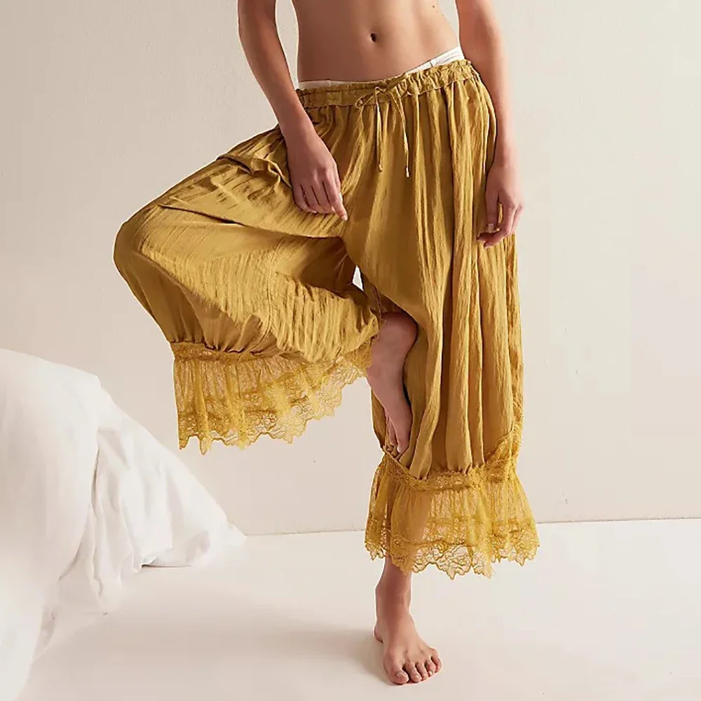Romantic Lace Lantern Pant Hem Bloomers Elastic Waist Drawstring Loose  Sleepwear Loungewear Pajama Bottoms for Women Homewear