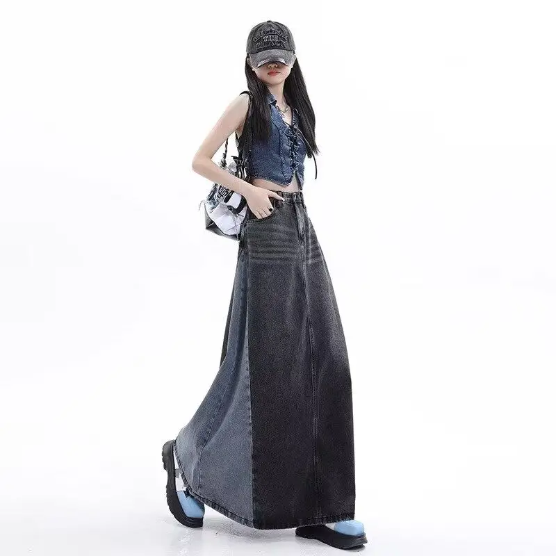 Spring and Autumn New Women's Oversized Cowboy Skirt Loose Commuting Casual Splicing Color Contrasting High Waist A-line Skirt