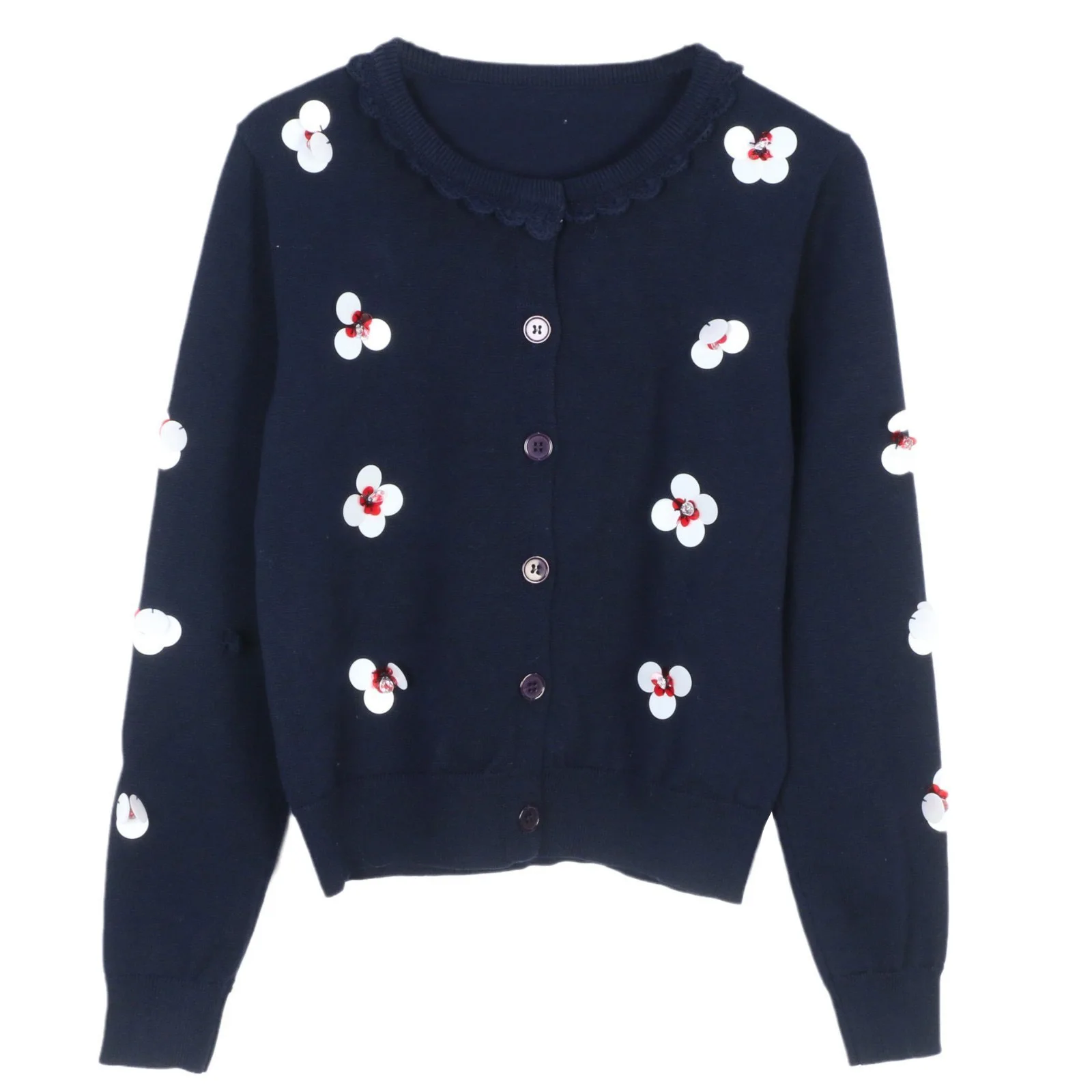 

2026 Spring Women's Flower Sequin Stitching Slim Slimming Commuter Long-sleeved Round Neck Knitted Cardigan Jacket