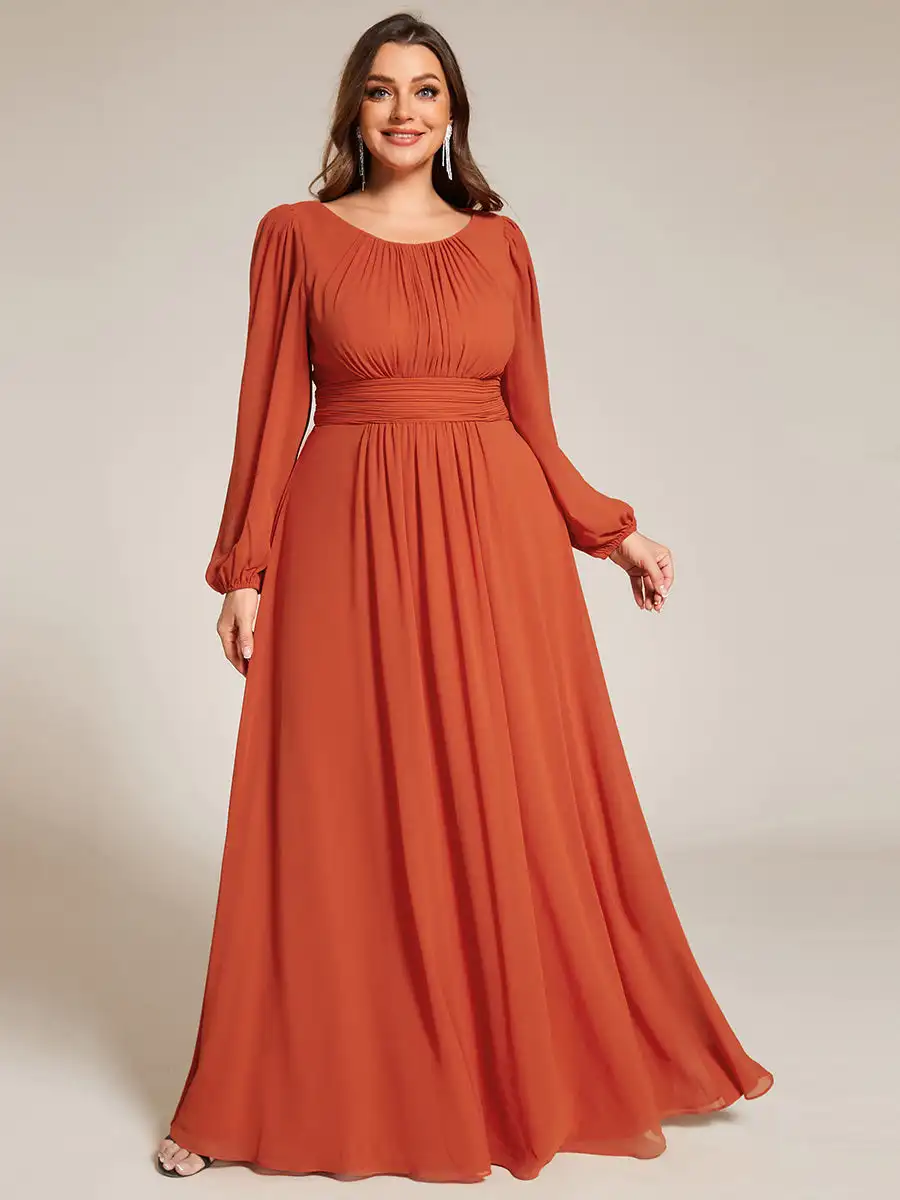 

Plus size Evening Dresses Long Full Sleeve O-Neck Chiffon Floor-Length Gown 2025 Ever Pretty of Burnt Orange Prom Women Dress