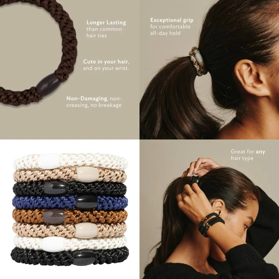 

L. Erickson Brown and Black Hair Ties for Thick Hair, Grab Go Ponytail Holders, 8 Pack,,Thick -Crease Bands with Strong Hold, D