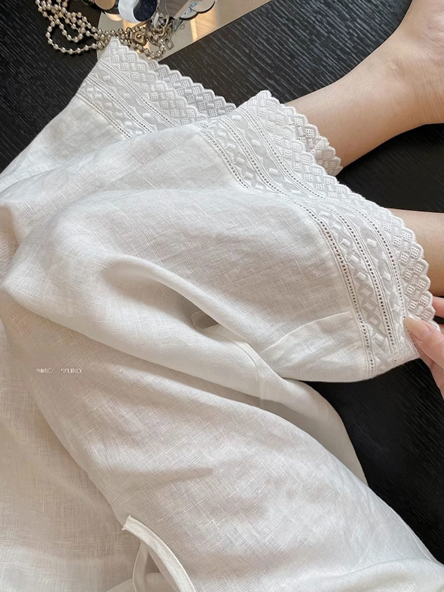 

White Linen Casual Pants Women Summer New Embroidered Lace Splicing Loose Lightweight Good Looking Nine Points Straight Leg P...