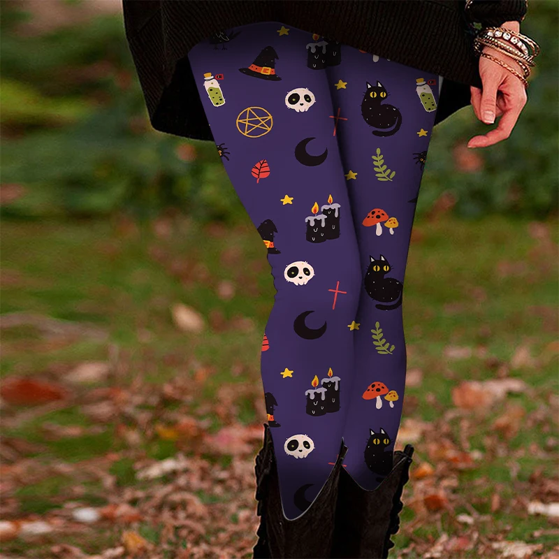 [Leggings di Halloween] Leggings colorati dal design dei cartoni animati: graziose ragazze di Halloween, leggings elasticizzati con motivi di zucca e pipistrelli, pe