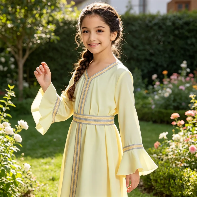 Vestido Longo para Meninas Muçulmanas, Abaya de Ramadan, Kaftan de Dubai, Djellaba de Eid, Roupa Islâmica Saudita, Jalabiya Caftan Nova
