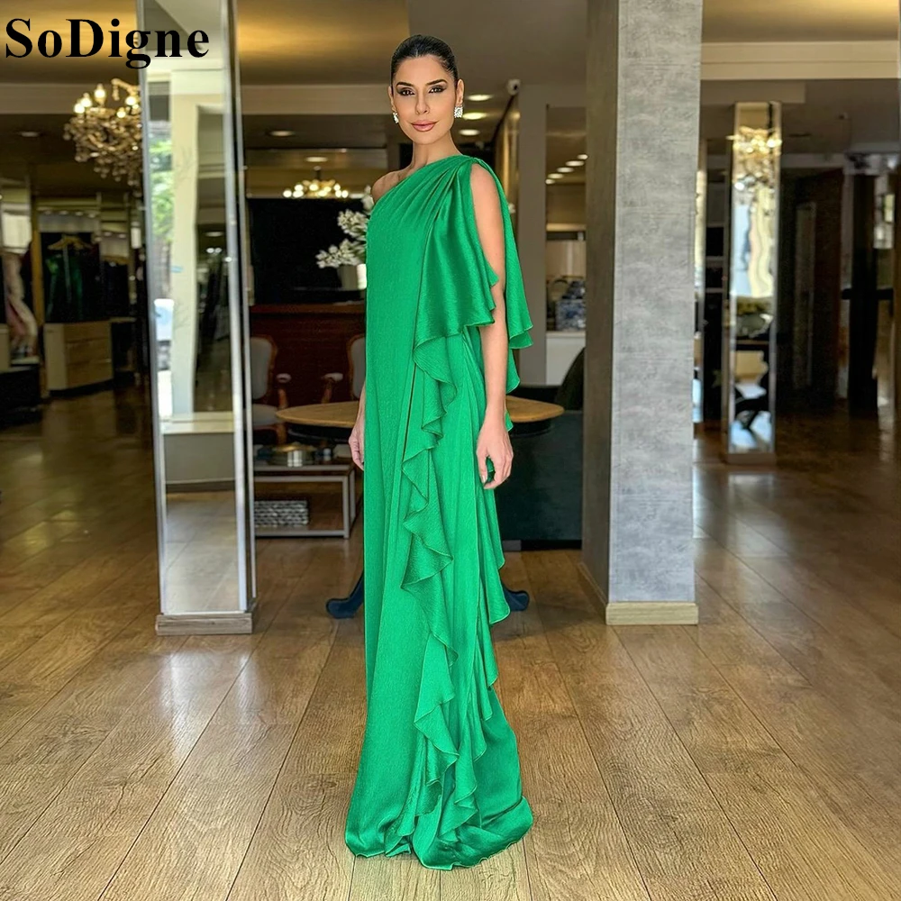 

SoDigne Green Satin Evening Dresses One Shoulder Ruffles Draped Sleeveless Gala Party Dress 2024 Formal Occasion Prom Gowns