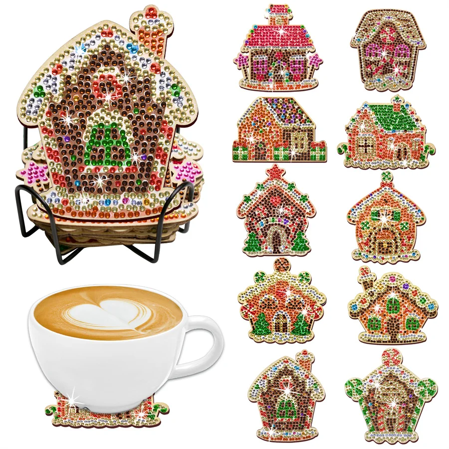 10PCS DIY Diamond Painting Coaster Holder Chrismas Dog Version Crystal Diamond Eembroidery Wooden Coffee Cup Mat Chrismas Gift