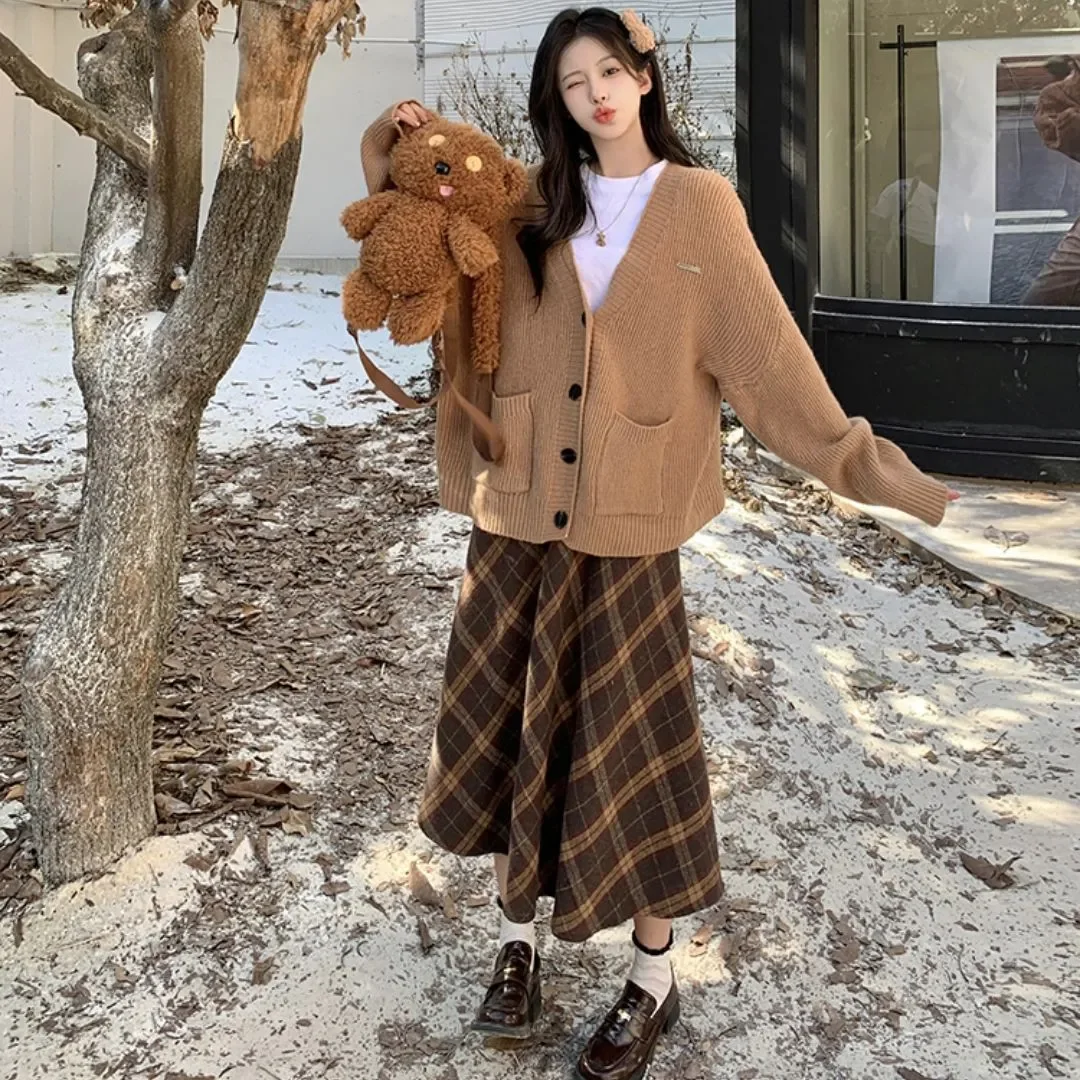 

Fall Winter Knitted 2 Piece Sets Women Long Sleeve Knit Sweater High Waist Skirts Outfit New