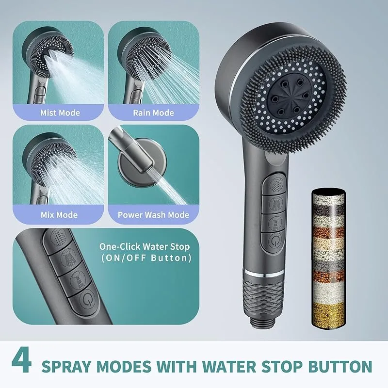 Filtered Shower Head, High Pressure, 4 Adjustable Spray Modes, ON/OFF Button, Replaceable Filter for Hard Water Softening, Chlor