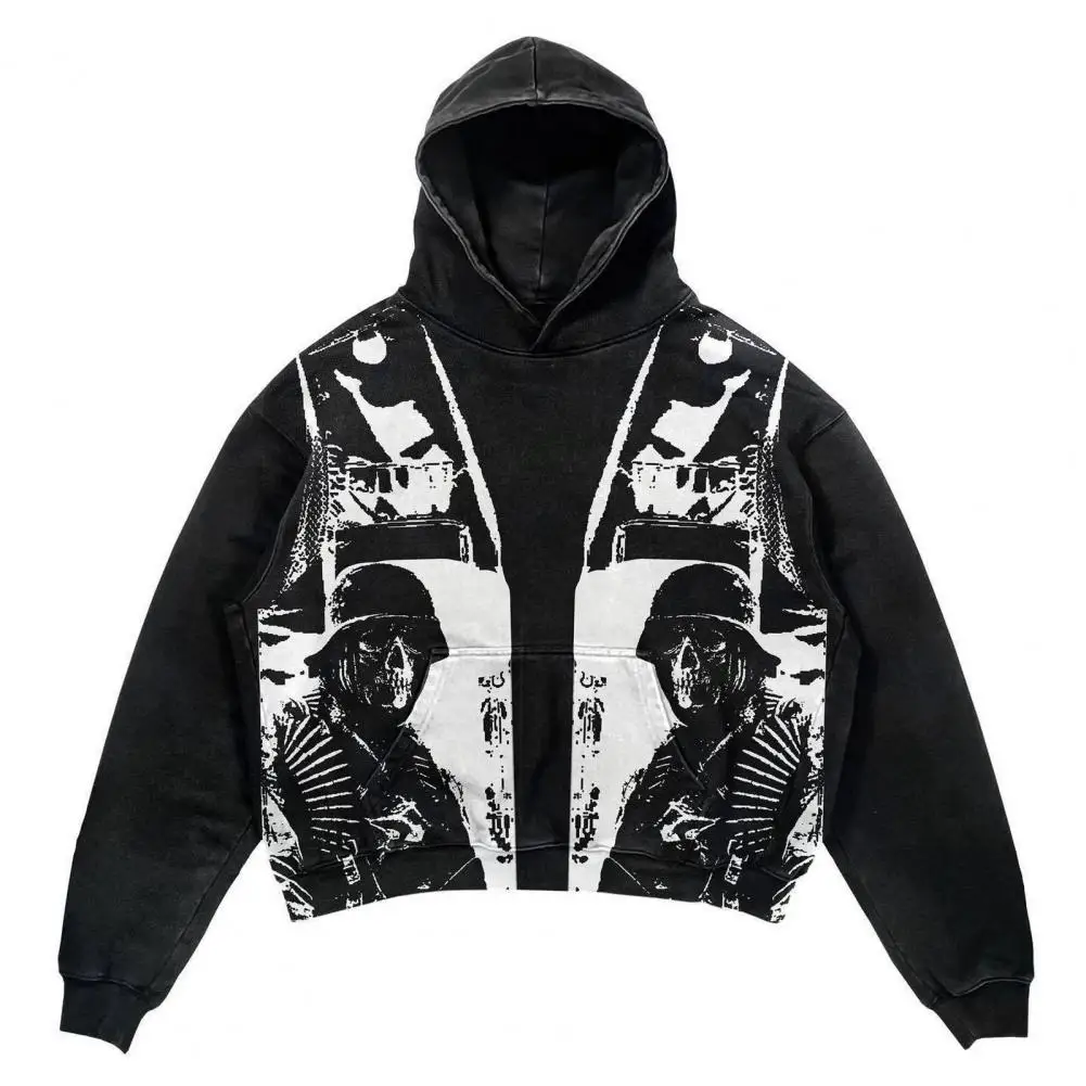 

Men Printed Hoodie Streetwear Skull Print Hoodie Retro Fashion for Men with Loose Fit Trendy Look Retro Style Hooded Sweatshirt