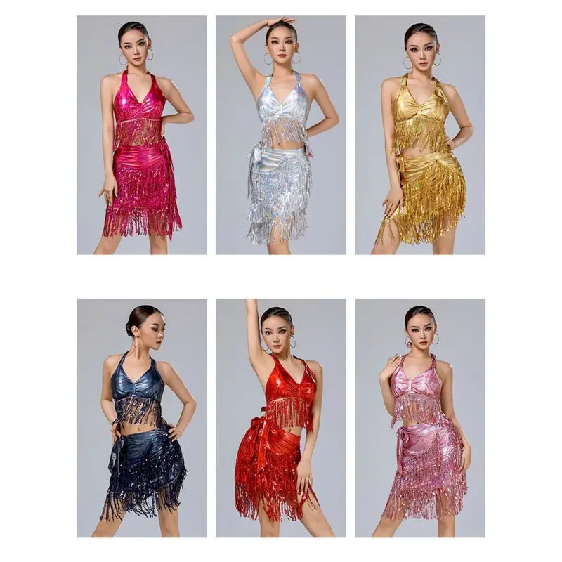 Women Halter Tassel Fringe Sequin Tops with Latin Dance Scarf Skirt Sexy Ballroom Salsa Tango Cha Cha Rumba Samba Dancewear