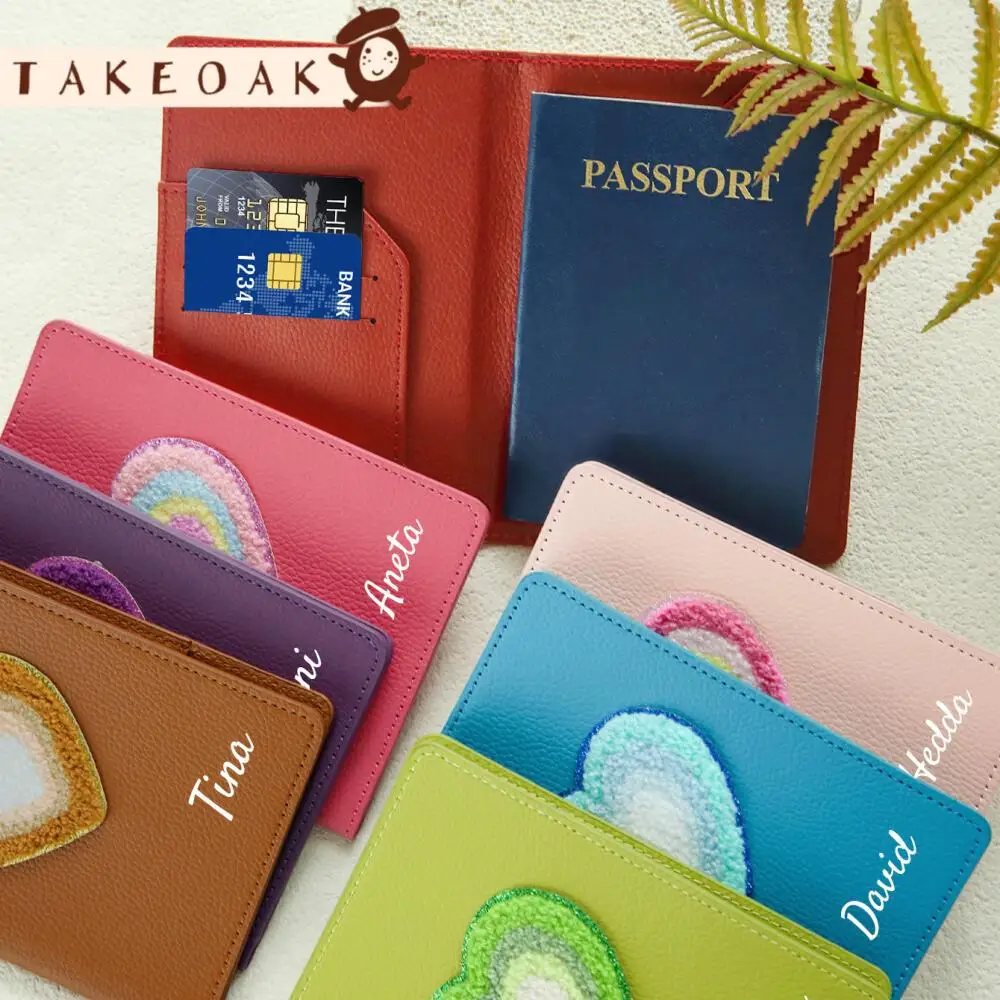 Custom Name Plush Heart Rainbow Patch Passport Cover Personalized Pu Leather Cute Travel Credit Card Holder Passport Wallet