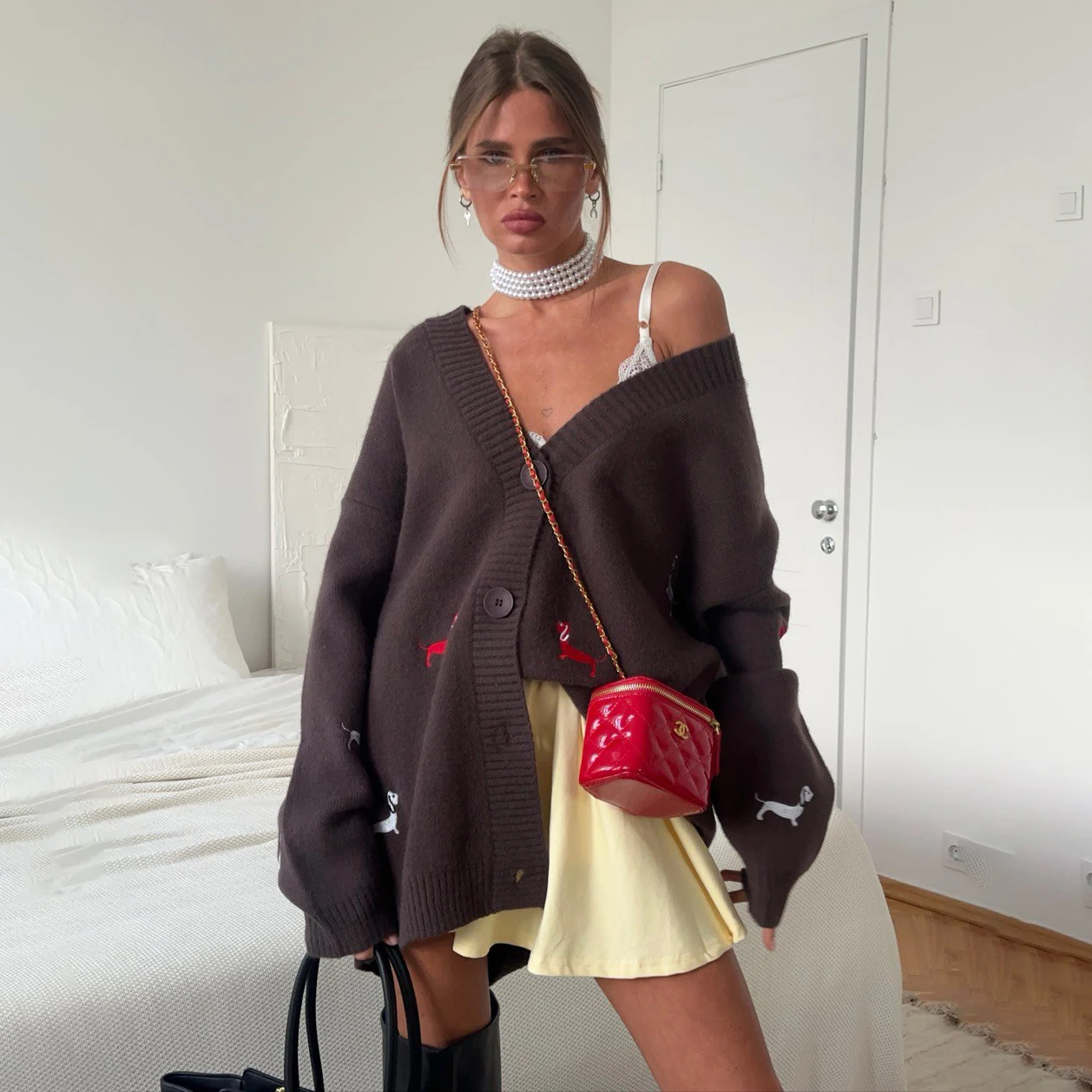 Kardigan Rajut Wanita Model Baru, Bordir Dachshund, Super Longgar, Lembut, Santai, Modis, Pakaian Luar