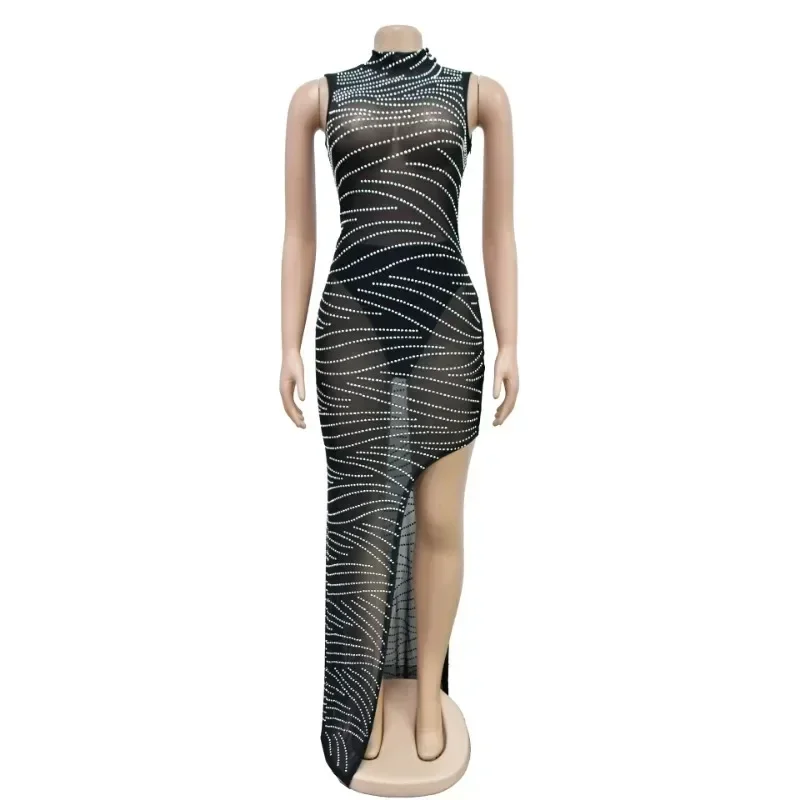 GUWU Mesh See Though Diamonds Hot Rhinestones High Side Split Bodycon Midi Maxi Dress Vestidos Women Sexy Party Dresses